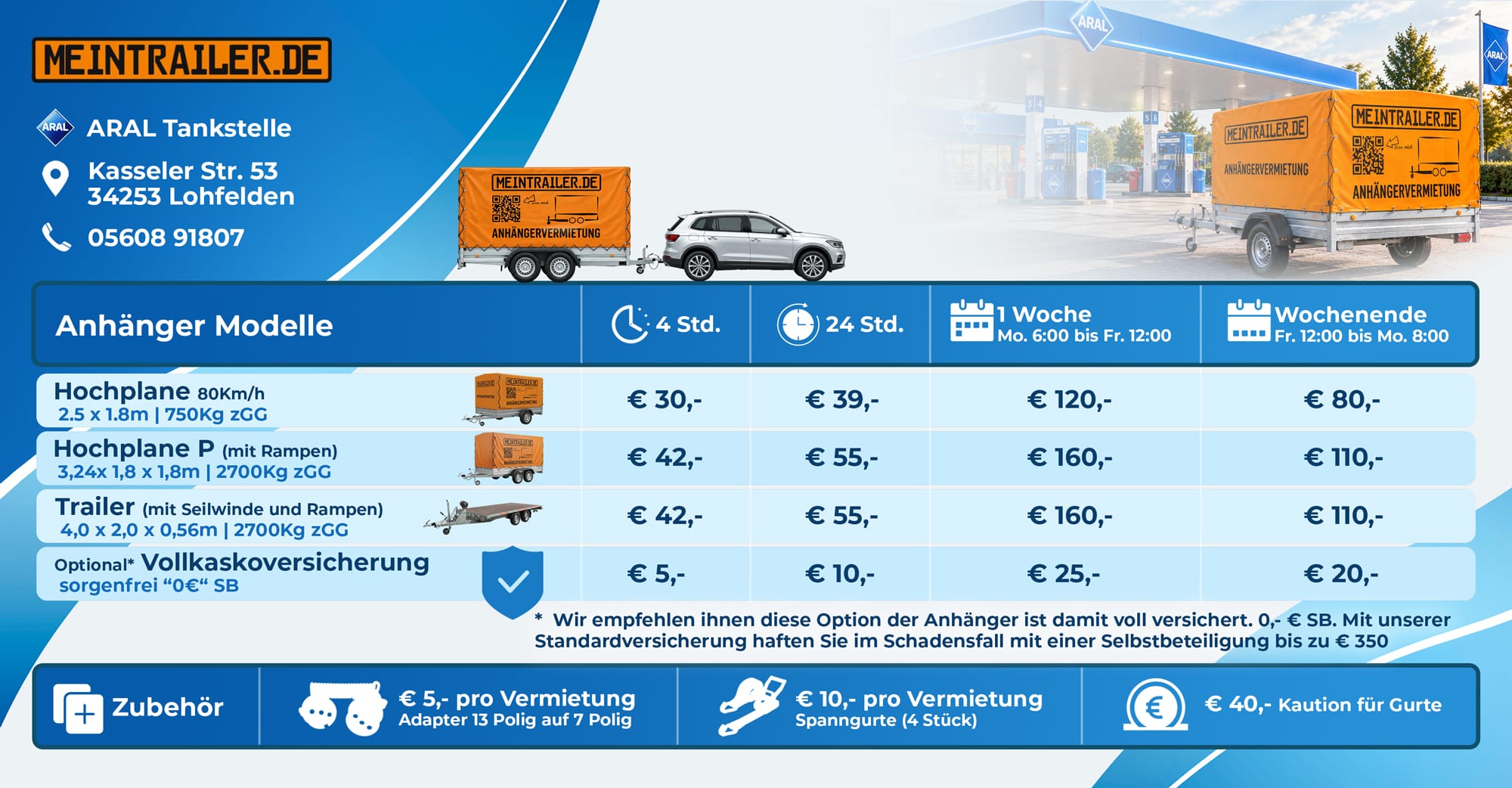 Anhänger mieten Preise, Anhänger mieten Lohfelden-Vollmarshausen