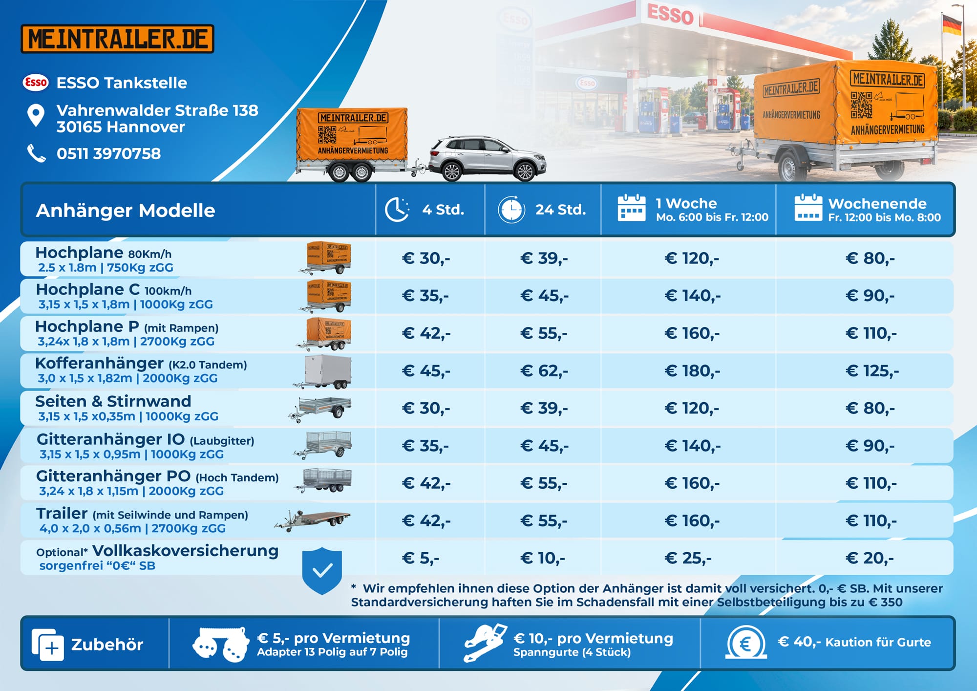 Anhänger mieten Preise, Anhänger mieten Hannover