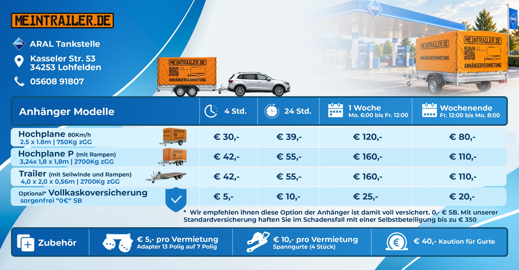 Anhänger mieten Preise, Anhänger mieten Lohfelden-Vollmarshausen